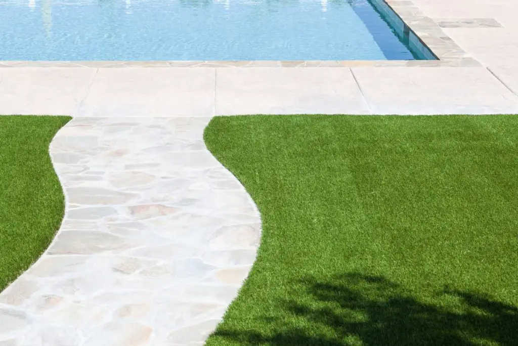 Swimming pools will not ruin artificial grass as they are made with chlorine-resistant materials.