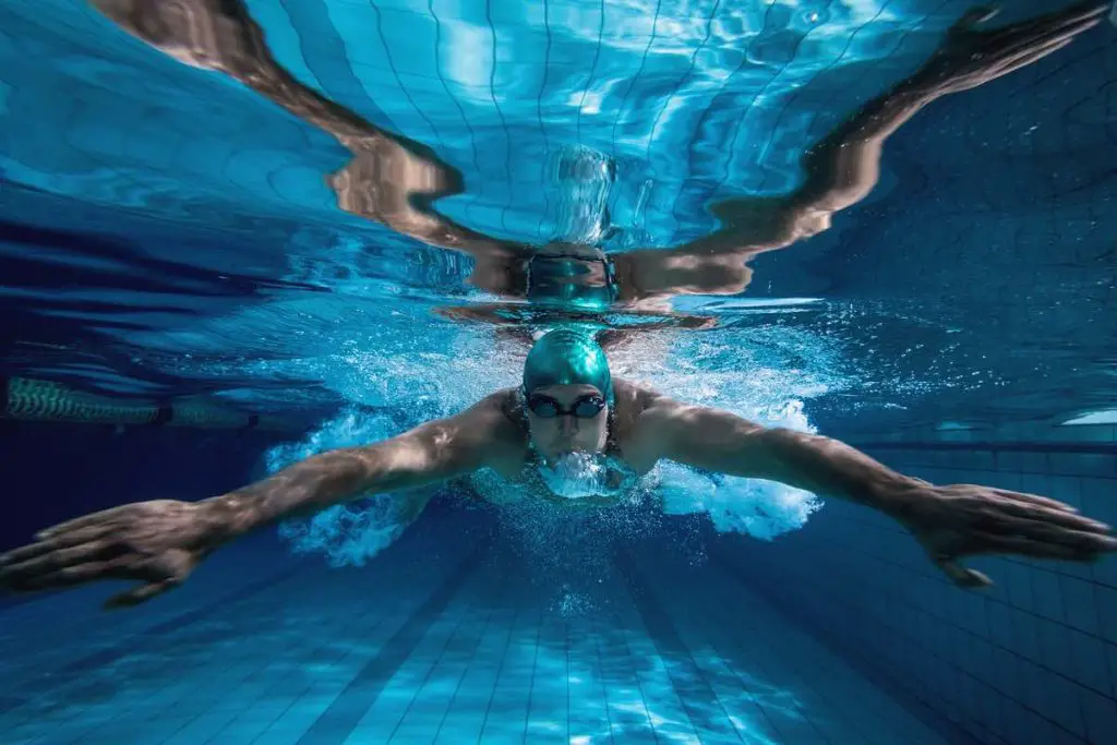 Fit swimmer training by himself in the swimming pool at the leisure center