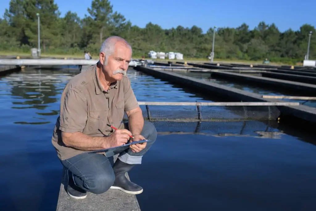 senior man checking water storage tanks at sewage treatment plant